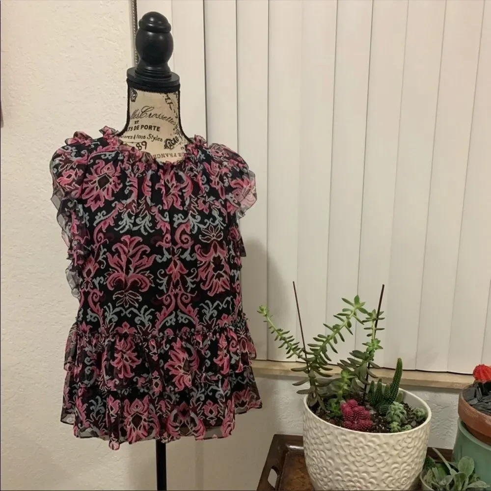 kate spade Black Pink Floral Ruffle Sleeveless Blouse